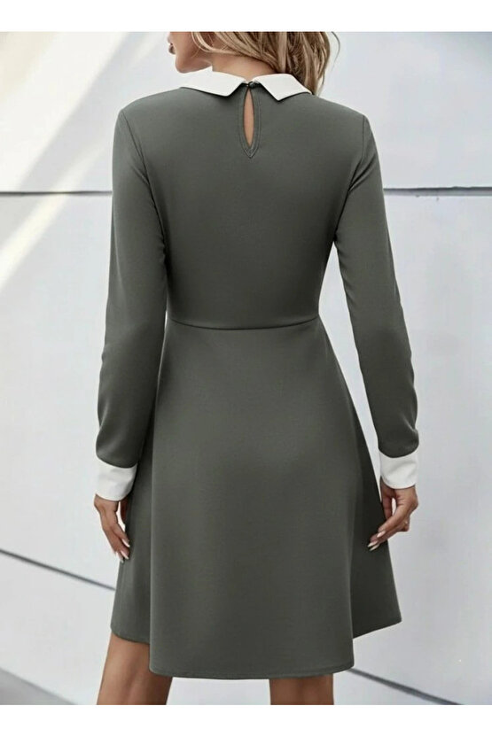 Kadın Uzun Kollu Yakalı Düğmeli çağla Yeşili Modal Mini Elbise