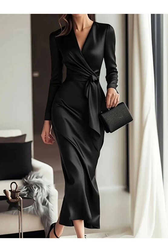 Kadın Uzun Kollu Kruvaze Yakalı Beli Kuşaklı Uzun Saten Elbise