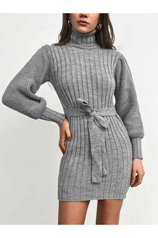 Kadın Uzun Kollu Balıkçı Yaka Beli Kuşaklı Mini Triko Elbise