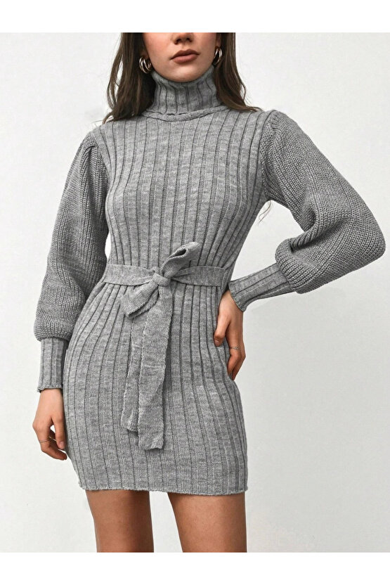 Kadın Uzun Kollu Balıkçı Yaka Beli Kuşaklı Mini Triko Elbise