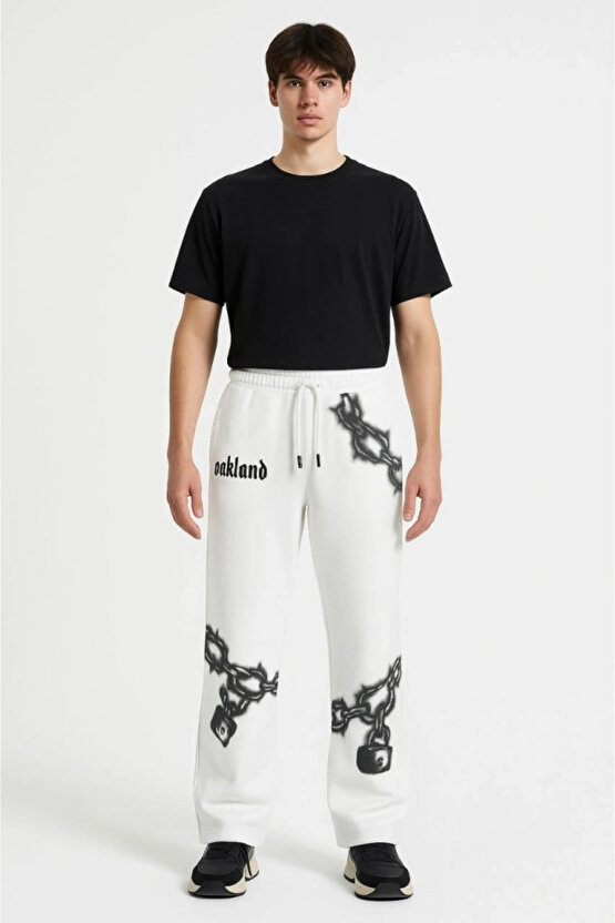 MDB Erkek Üç İplik Pamuklu Baskılı Cepli Jogger Buggy Pantalon Oversize Kalıp Beyaz