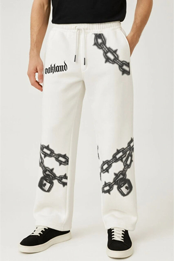 MDB Erkek Üç İplik Pamuklu Baskılı Cepli Jogger Buggy Pantalon Oversize Kalıp Beyaz