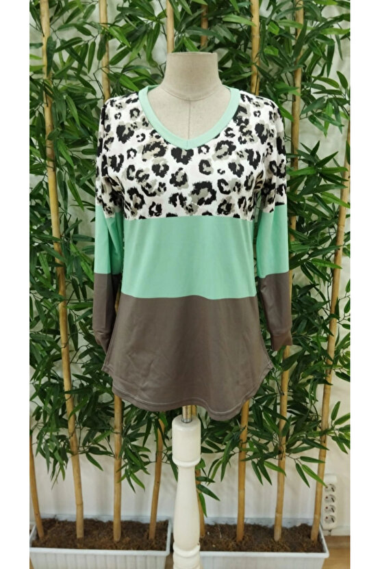 Kadın Uzun Kollu V Yakalı Leopar Baskılı şardonlu Dalgıç Bluz