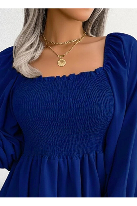 Kadın Uzun Kollu Geometrik Yakalı Gipe Detaylı Krep Bluz