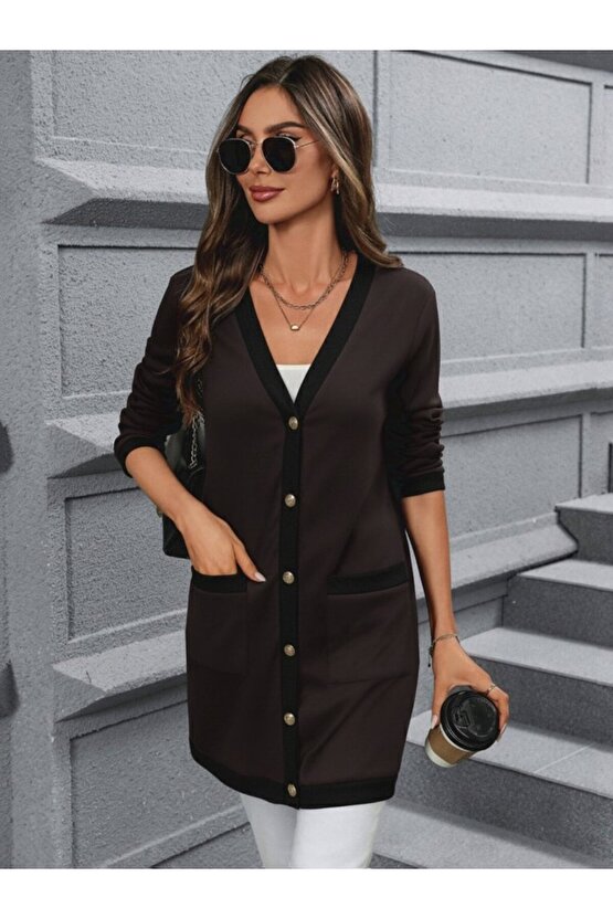 Kadın Uzun Kollu Cepli önden Düğmeli Uzun Modal Ceket