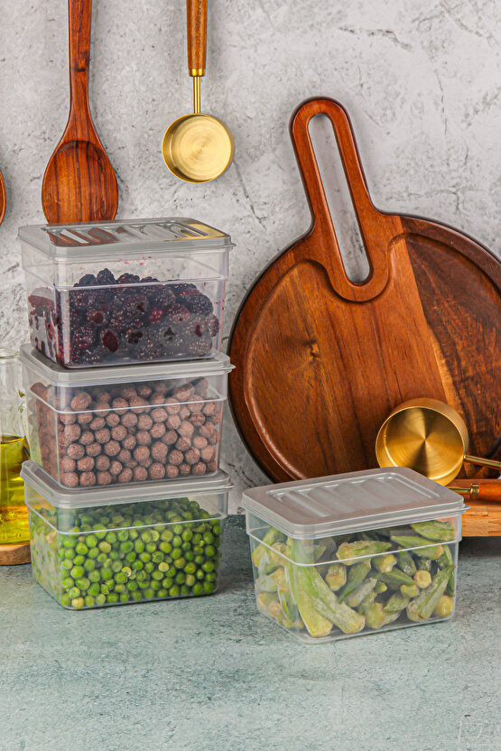 4lü Buzdolabı Düzenleyici Organizer Mikrodalga Ve Difrize Uygun Saklama Kabı Antrasit Set