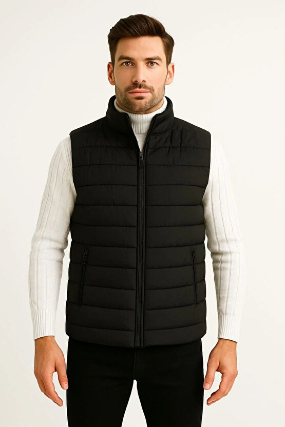 Erkek Şişme Fermuarlı Yelek Su itici Kapitone Astarlı Kumaş Cepli Hafif Kışlık Spor Rahat Kalıp - Si