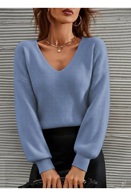 Kadın Uzun Kollu V Yakalı Triko Bluz