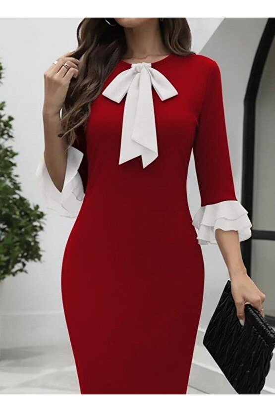 Kadın Truvakar Kollu Fiyonk Yakalı Midi Ithal Krep Elbise