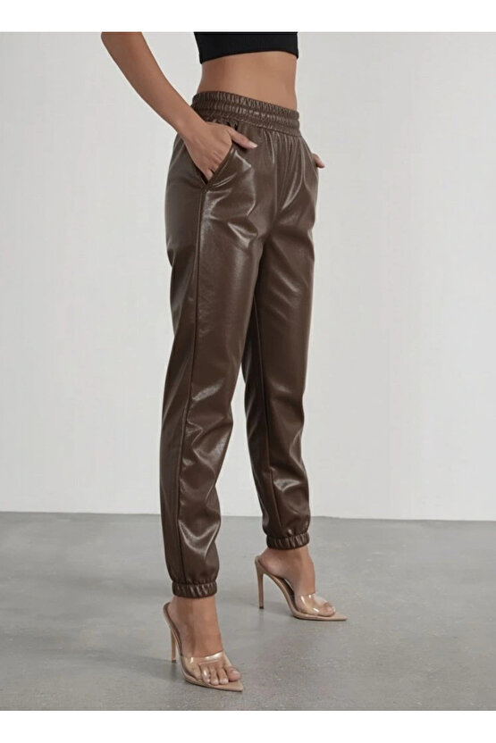 Kadın Yüksek Bel Lastikli önü Düğmeli Deri Pantolon