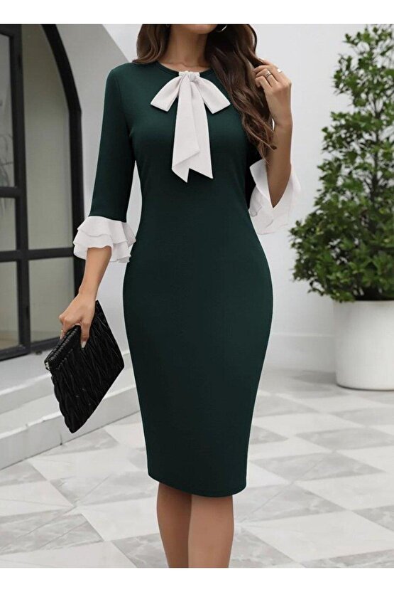 Kadın Truvakar Kollu Fiyonk Yakalı Midi Ithal Krep Elbise