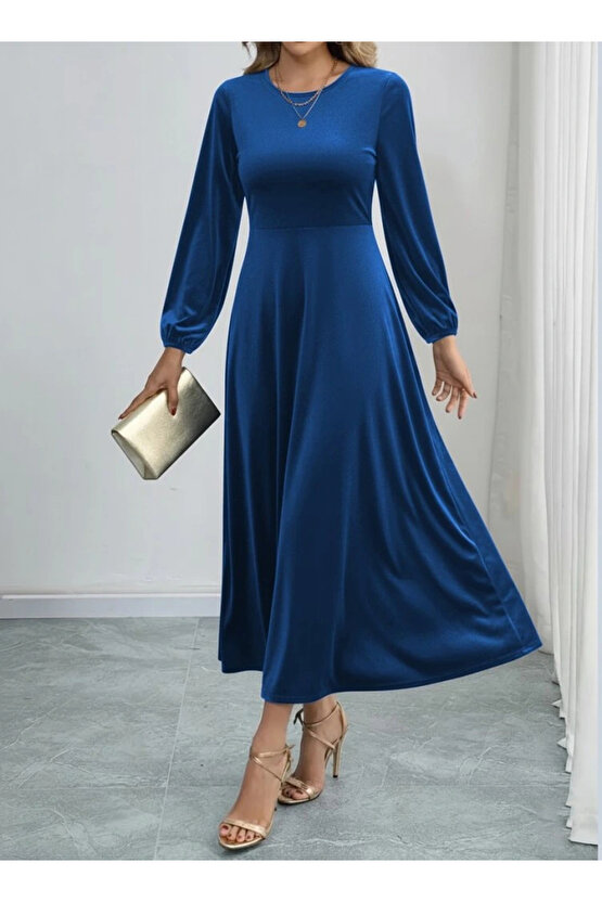 Kadın Uzun Kollu Bisiklet Yaka Midi Kadife Mavi Elbise