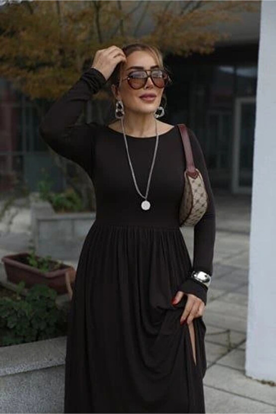 Kadın Kayık Yaka Sırt Dekoltesi Ve Yırtmaç Detay Maxi Boy Elbise