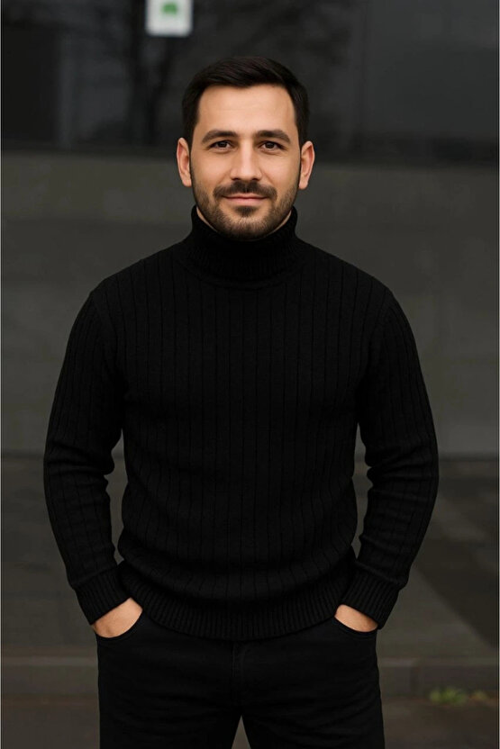 Erkek Fitilli Triko Kazak 2li Set Bordo Siyah Regular Balıkcı Yaka Tam Boğazlı Triko Seti Modeli Kaz