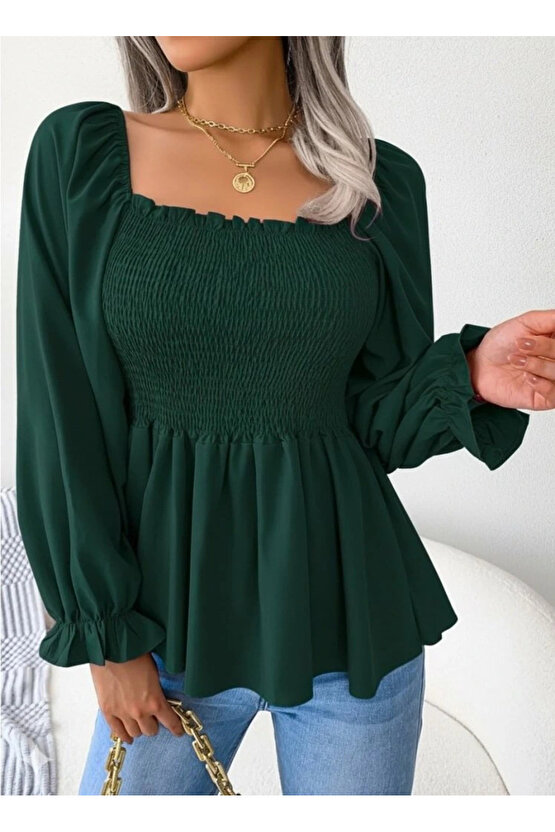 Kadın Uzun Kollu Geometrik Yakalı Gipe Detaylı Krep Bluz