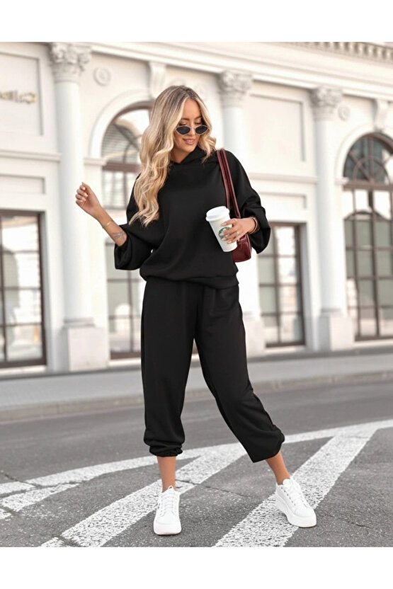 Kadın Uzun Kollu Kapşonlu Viskon Iki Iplik Bluz Ve Pantolon Ikili Takım