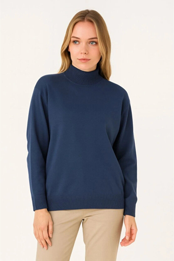 Velmora - Kadın Yarım Boğaz Triko Kazak at Regular kalıp - İndigo