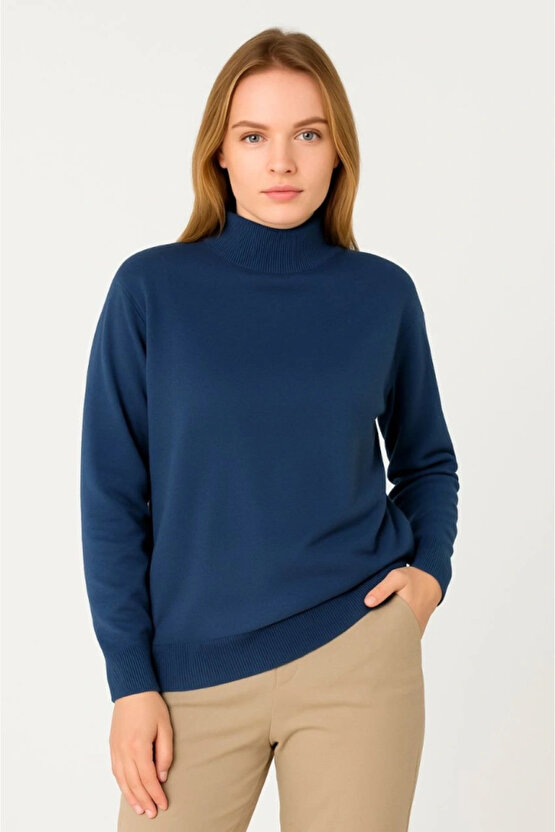 Velmora - Kadın Yarım Boğaz Triko Kazak at Regular kalıp - İndigo