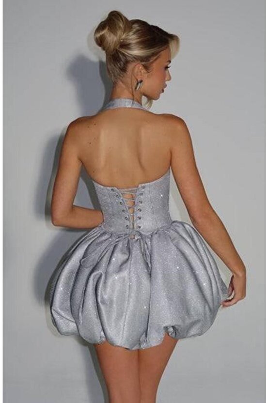 Kadın Halter Yaka Simli Kumaş Sırtı Bağcık Detay Prenses Elbise