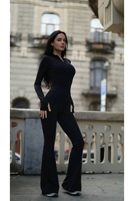 MDB Kadın Uzun Kollu Balıkçı Yaka Fermuar Detay Ispanyol Paça Tulum