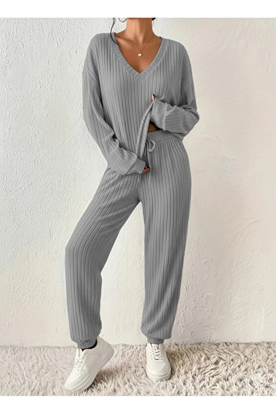 MDB Kadın Uzun Kollu V Yakalı Kaşkorse Bluz Ve Pantolon Ikili Takım