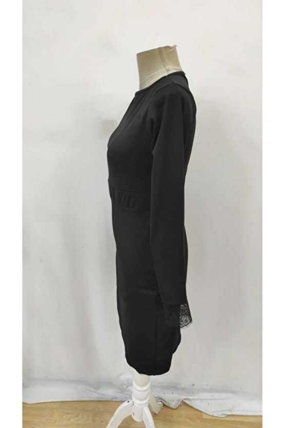 Kadın Uzun Kollu Bisiklet Yaka önden Dantel Ve Yırtmaç Detaylı Dalgıç Elbise