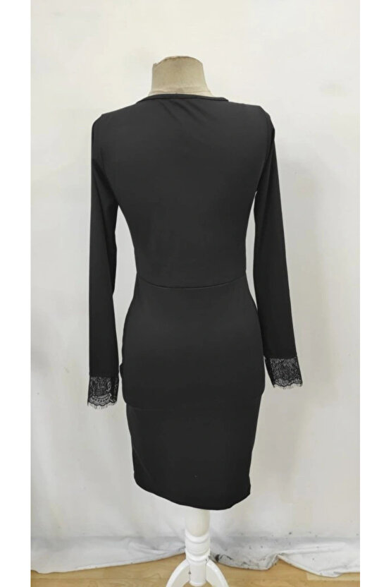 Kadın Uzun Kollu Bisiklet Yaka önden Dantel Ve Yırtmaç Detaylı Dalgıç Elbise