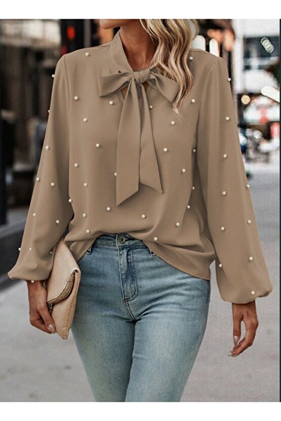 Kadın Uzun Kollu Yakadan Fiyonklu Incili Ithal Krep Bluz