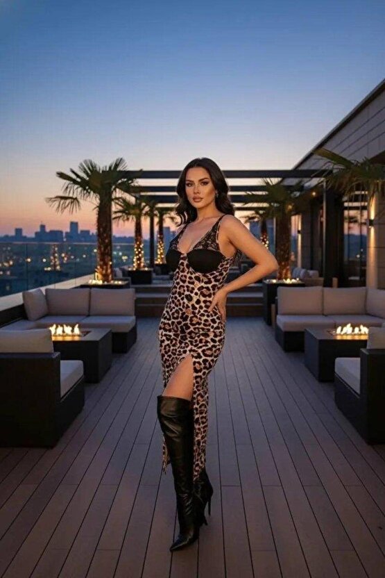 Kadın Dantel Detay Omuz Askılı Leopar Desen Maxi Yırtmaçlı Gloplu Elbise