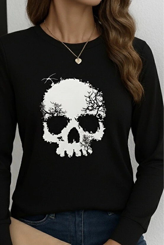 Kadın Uzun Kollu Bisiklet Yaka Kurukafa Desenli Viskon Bluz