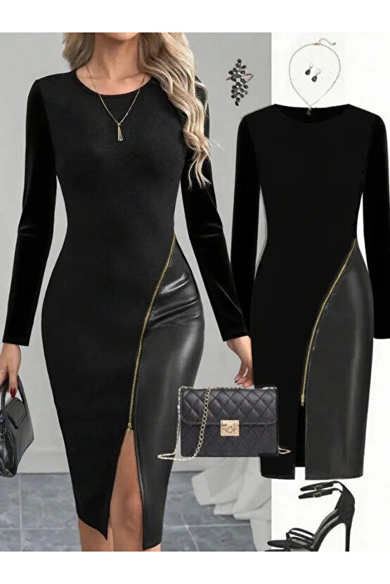 Kadın Bisiklet Yaka Uzun Kollu Deri Ve Fermuar Detay Mini Yırtmaçlı Elbise