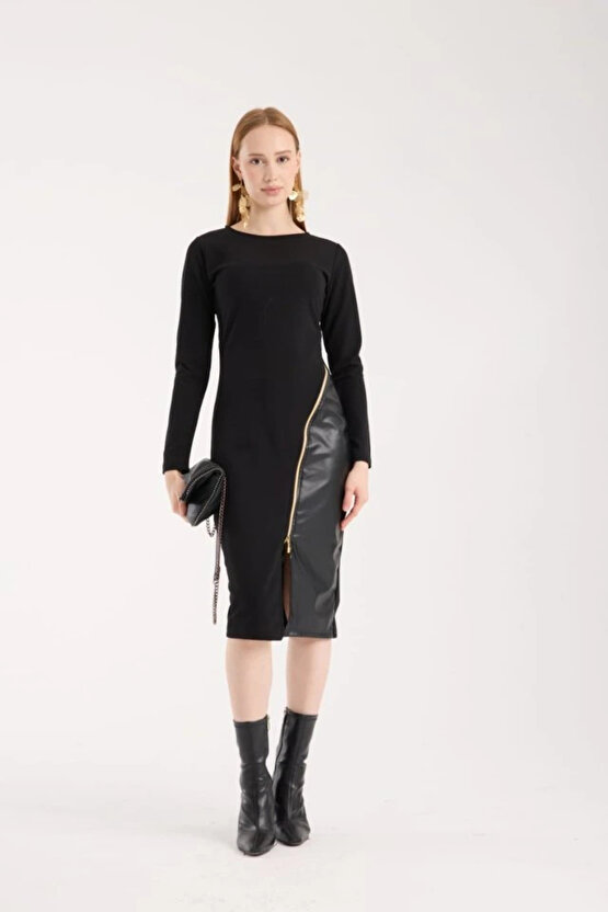 Kadın Bisiklet Yaka Uzun Kollu Deri Ve Fermuar Detay Mini Yırtmaçlı Elbise