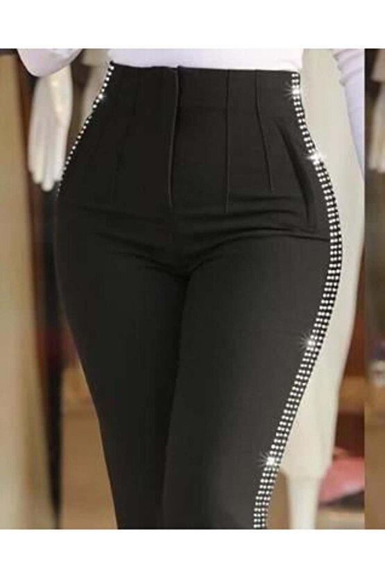 Kadın Yüksek Bel Yanlardan Taş Detaylı Ithal Krep Pantolon