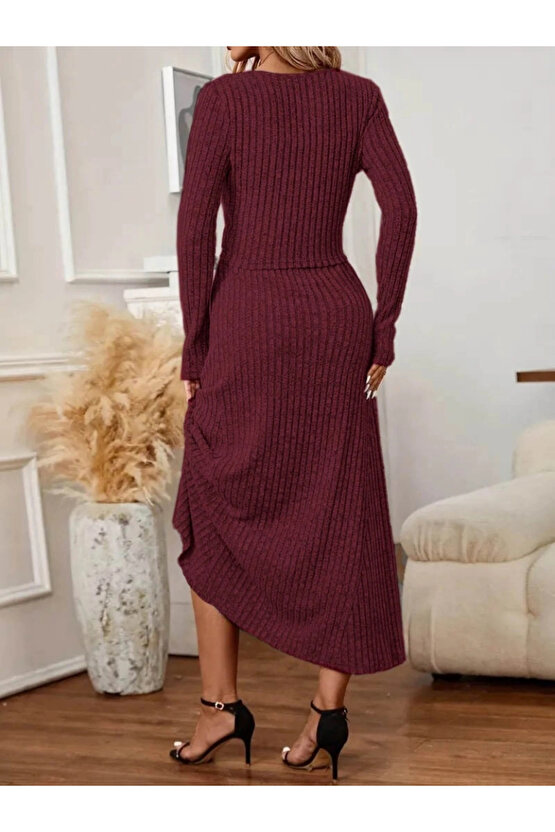 Kadın Uzun Kollu önden Düğmeli Bluz Ve Yüksek Bel A Kesim Uzun Etek şardonlu Kaşkorse Ikili Takım