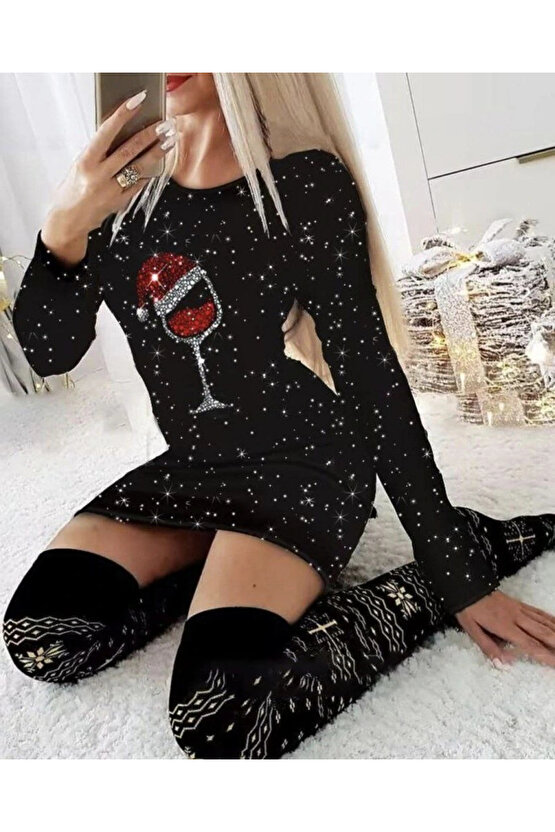 Kadın Uzun Kollu Taş Kadeh Baskı Dalgıç Mini Boy Elbise