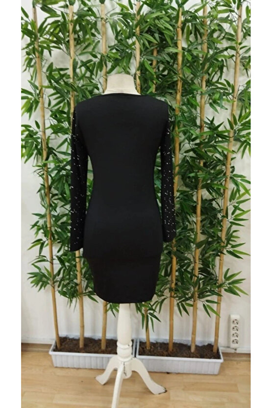 Kadın Uzun Kollu Taş Kadeh Baskı Dalgıç Mini Boy Elbise