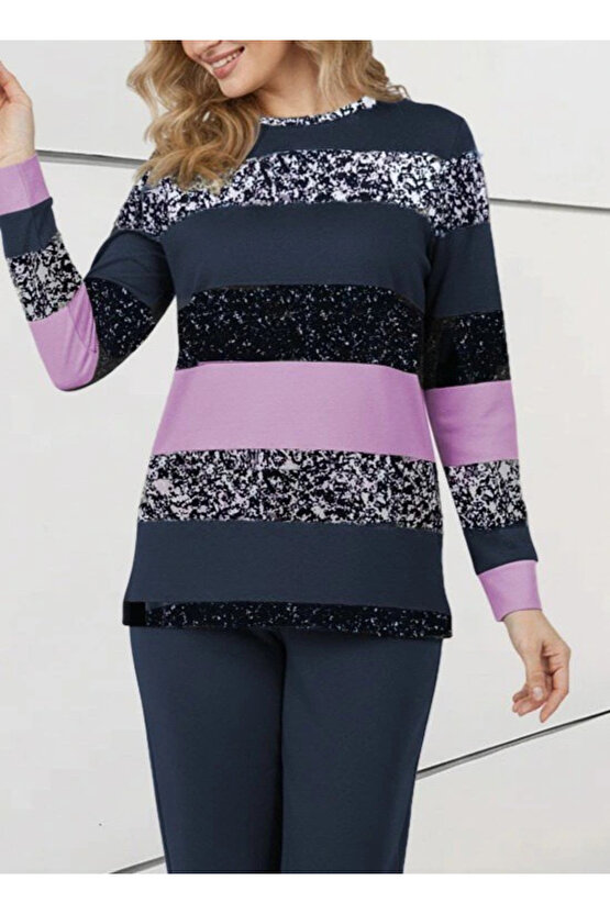 Kadın Uzun Kollu Bisiklet Yaka çizgili Desen Iki Iplik Bluz Ve Pantolon Ikili Takım