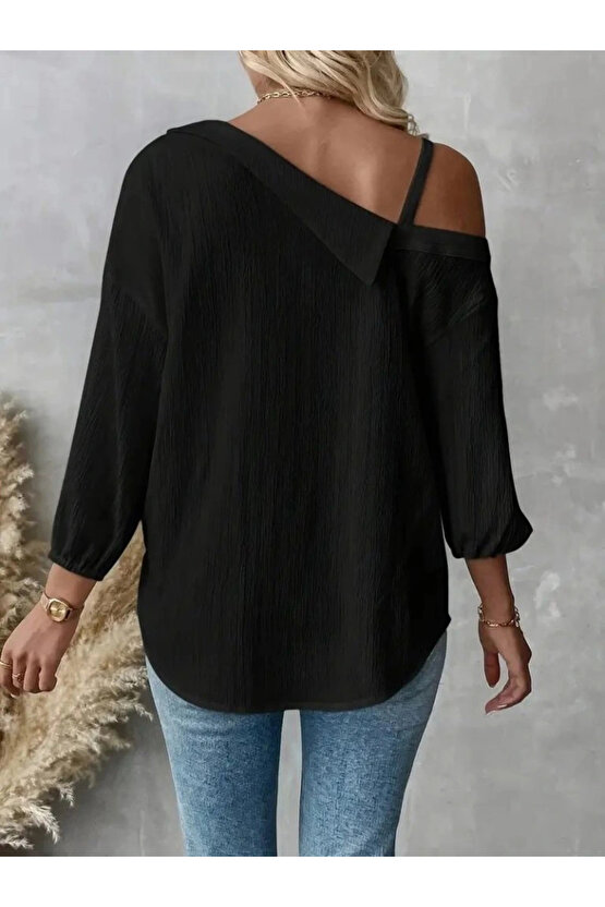 Kadın Tek Omuzdan Açık Askılı Uzun Kollu Yakalı önden Düğmeli Gömlek