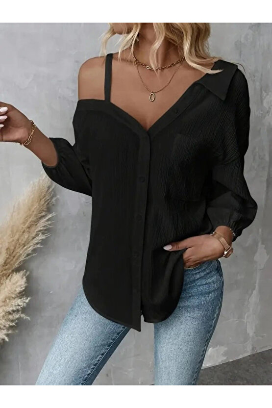 Kadın Tek Omuzdan Açık Askılı Uzun Kollu Yakalı önden Düğmeli Gömlek
