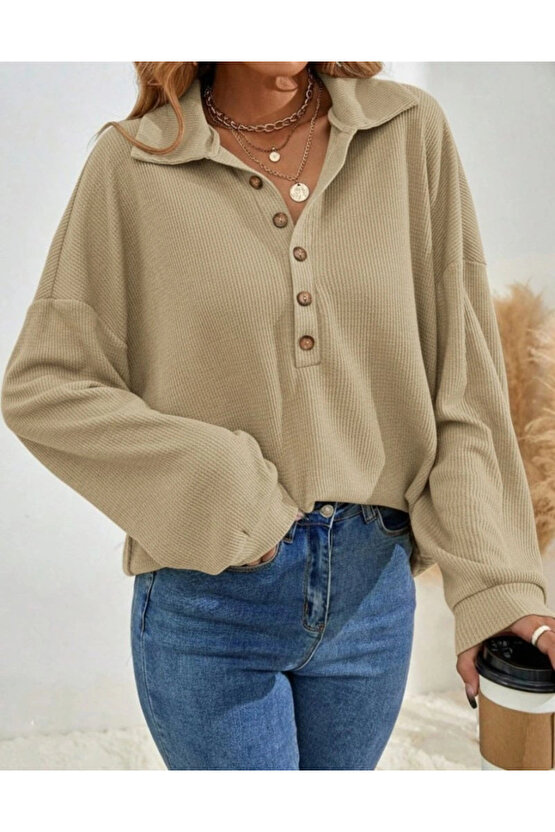 MDB Kadın Uzun Kollu Yakalı Düğmeli Salaş Waffle Bluz