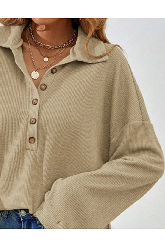 MDB Kadın Uzun Kollu Yakalı Düğmeli Salaş Waffle Bluz