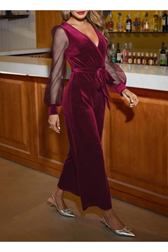 MDB Kadın Uzun Kollu Kruvaze Yakalı Belden Kuşaklı Tül Detaylı Kadife Tulum