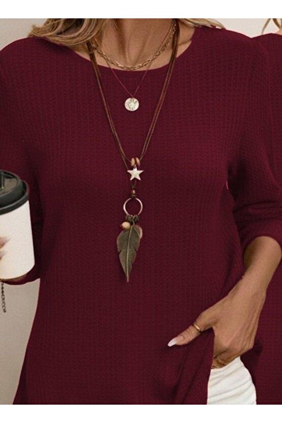 Kadın Uzun Kollu Yuvarlak Yaka Arkadan Düğmeli Waffle Bluz