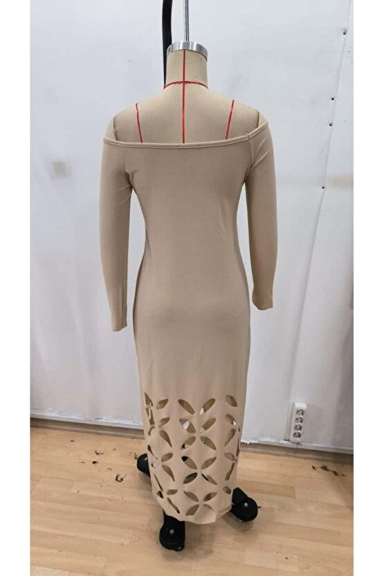 Kadın Madonna Yaka Uzun Kollu Lazer çiçek Kesim Detaylı Uzun Ithal Krep Elbise