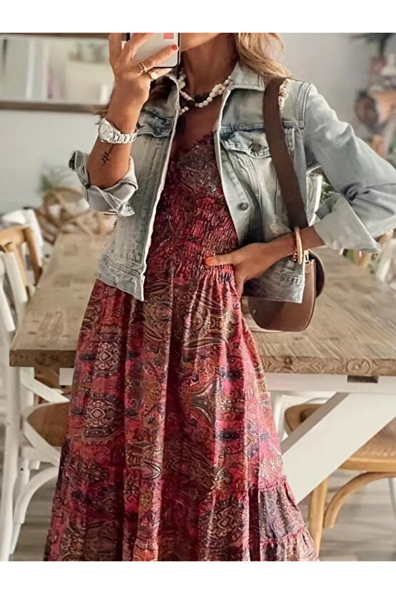 Kadın Kısa Kollu V Yakalı Beli Gipeli Desenli Süprem Maksi Elbise