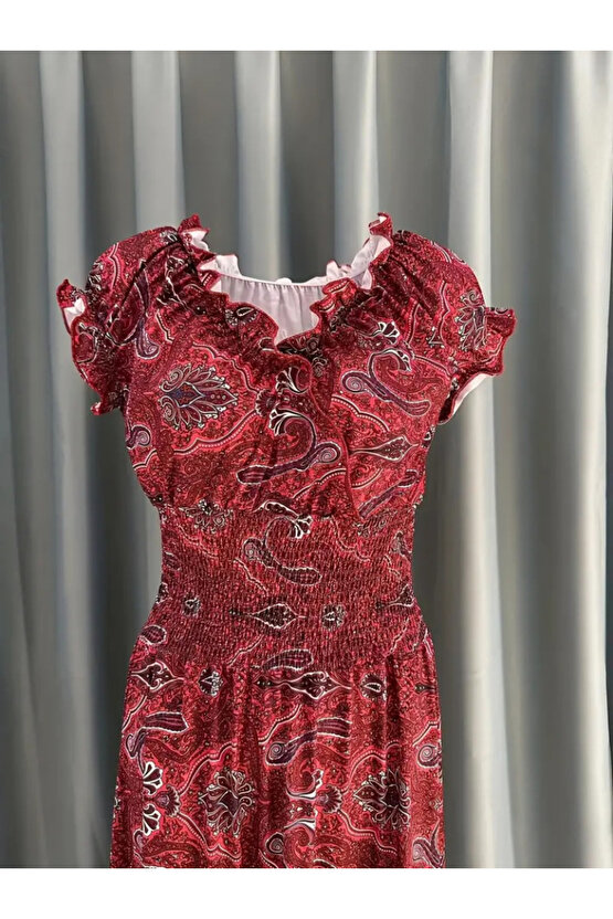 Kadın Kısa Kollu V Yakalı Beli Gipeli Desenli Süprem Maksi Elbise