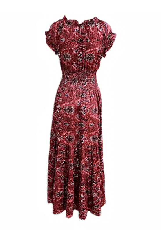 Kadın Kısa Kollu V Yakalı Beli Gipeli Desenli Süprem Maksi Elbise