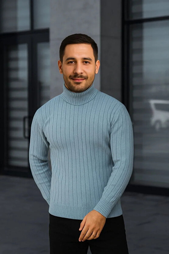 Erkek Fitilli Triko Kazak 2li Set Bebek Mavisi Siyah Regular Balıkcı Yaka Tam Boğazlı Triko Seti Mo