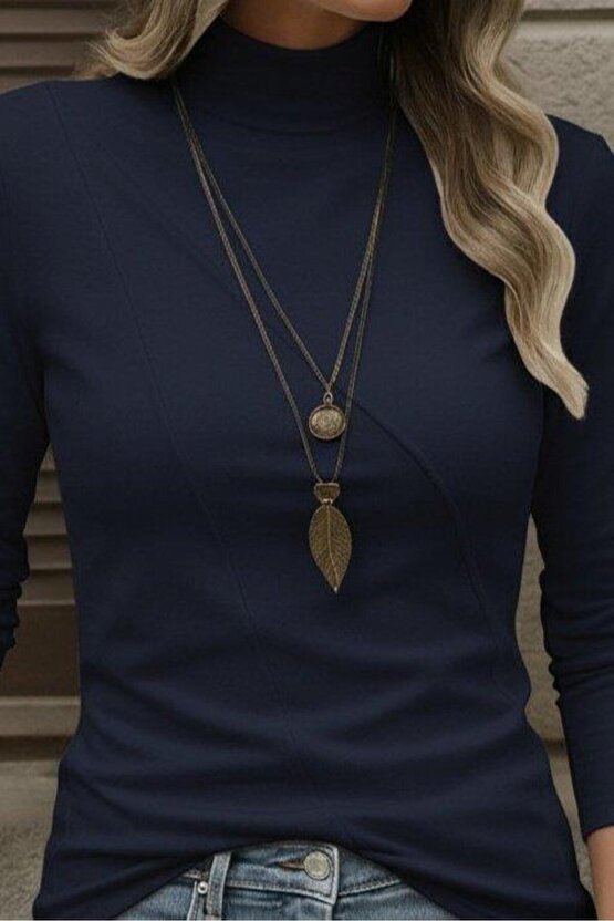 Kadın Uzun Kollu Balıkçı Yaka önden şerit Detay Dalgıç Bluz