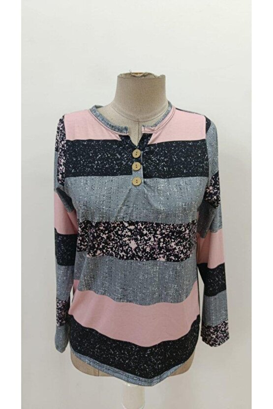 Kadın Uzun Kollu Yakadan Düğmeli çizgili Desenli Süprem Bluz